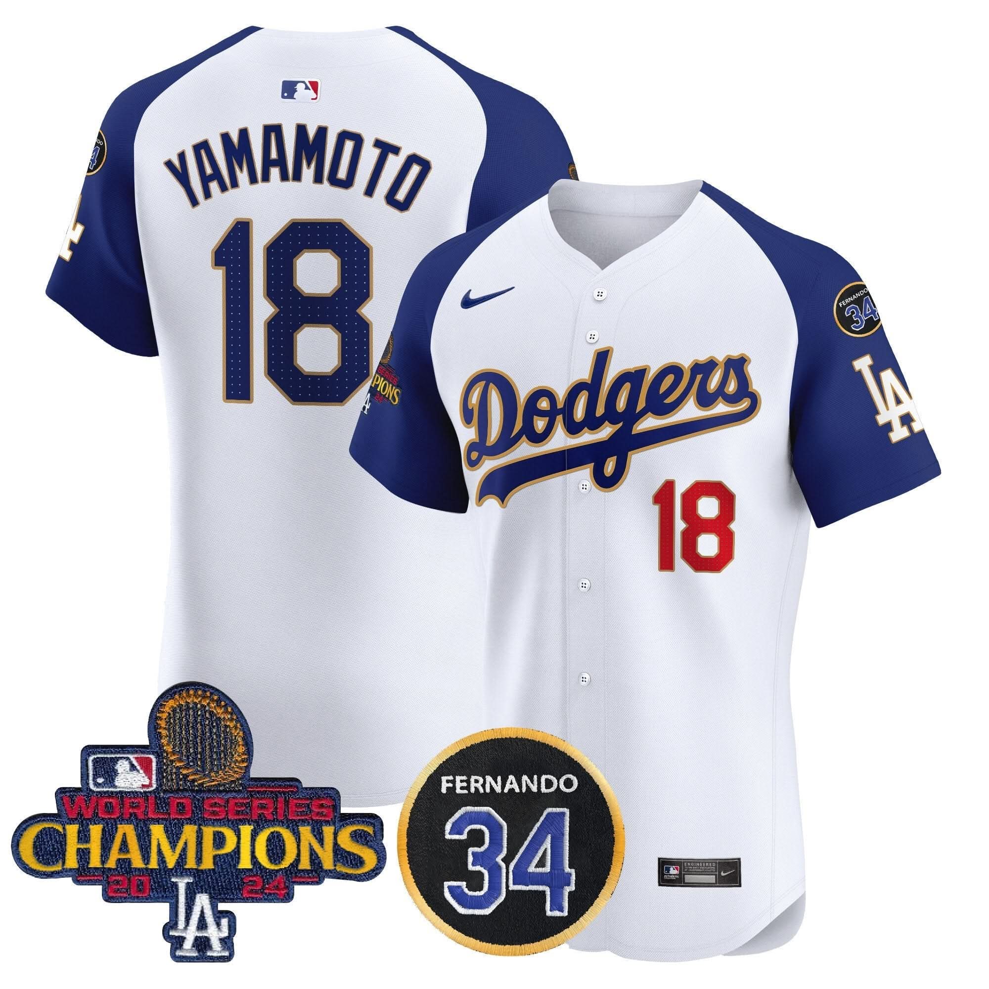 LAD 2024 World Series Champions Gold Trim Vapor Premier Elite Jersey V2 - Stitched