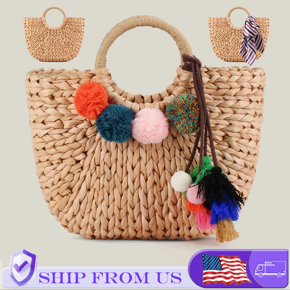 Summer Handmade Straw Weave Bags For Women Large Capacity Beach Wrapped Half-Round Rattan Woven Beach Bag Ladies Handbags Totes