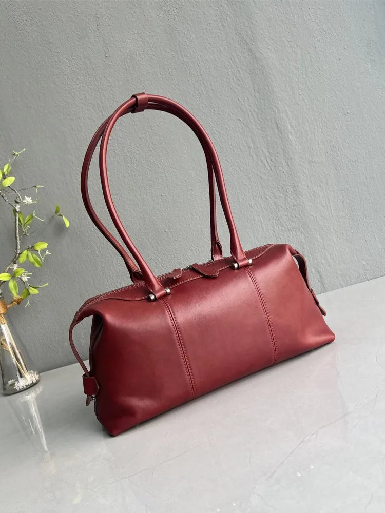 Elegant Womens Fashion Vintage Office Zipper Genuine Leather Tote Handbag Designer Casual Ladies SIngle Shoulder Underarm Bags